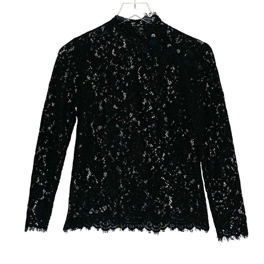 J Crew Lace Blouse 0 Mockneck Grosgrain Ribbon Bow Top Whimsygoth Sheer *flaw